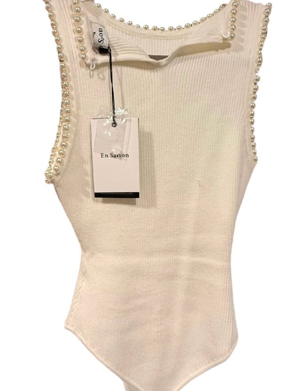 En Saison Ivory Pearl-Trim Ribbed Bodysuit